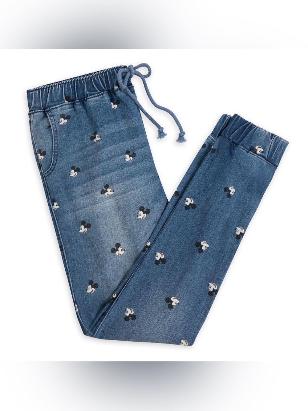 NWT Disney Parks Mickey Mouse Jean Joggers Sz XS Screen Print Pants Blue Jeans